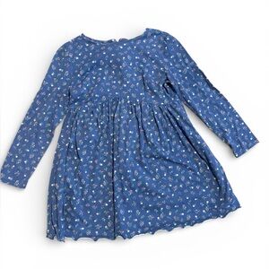 Vintage Blue Floral Fit & Flare Dress Long Sleeve Ruffle Knee Length